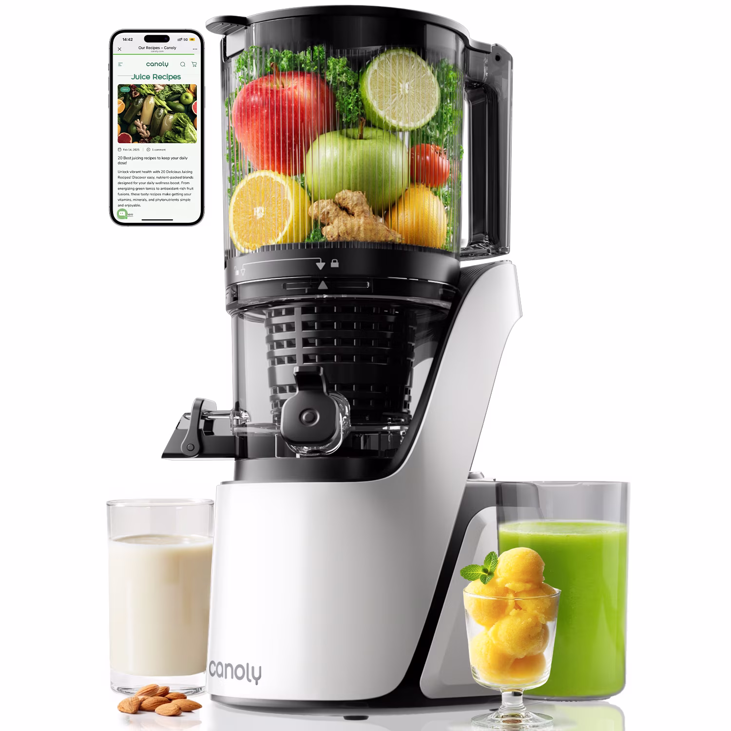 Canoly C16 Cold Press Juicer - 250W AC Brushless Motor for Whole Fruits Batch Juicing, Quiet Slow Juicing, BPA-Free, Easy Clean, White